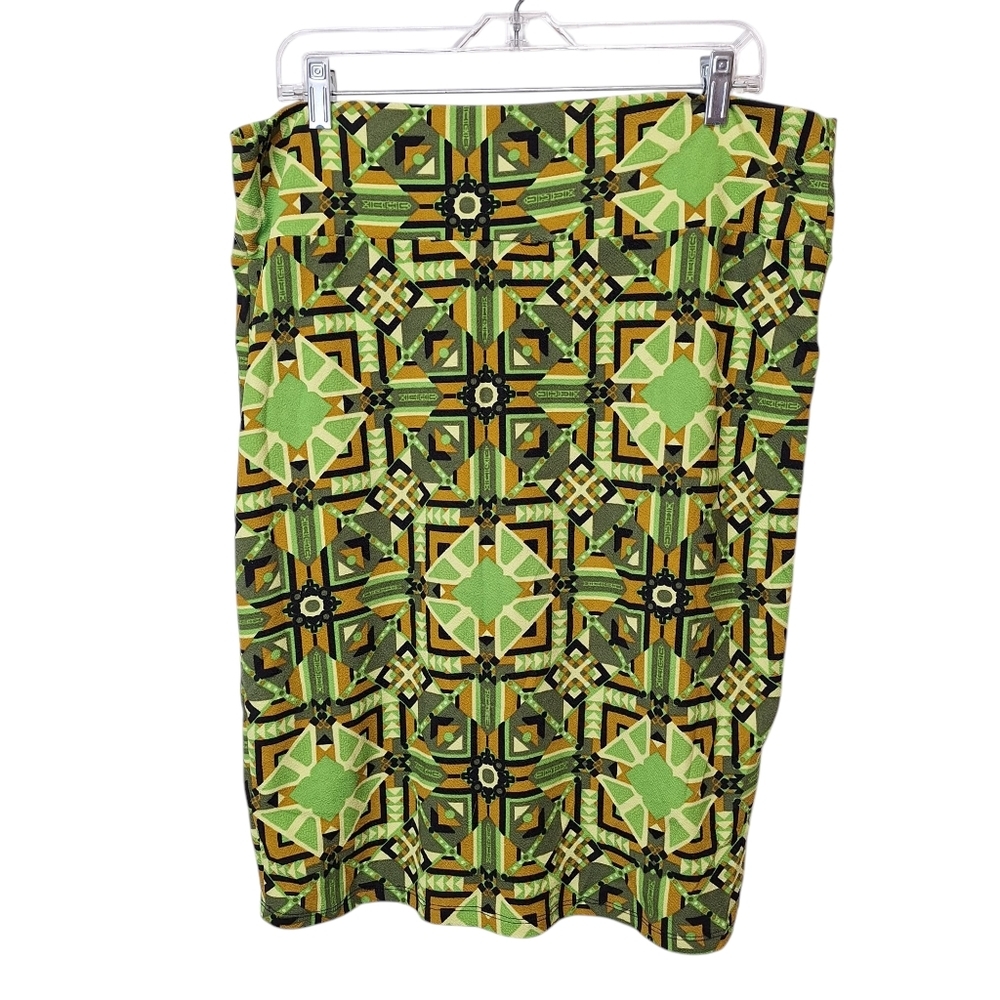 LuLaRoe Pencil Skirt Size 3XL Green Stretch Pull On Bright Geometric CASSIE Knit
